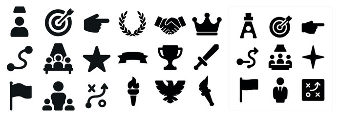 Business and strategy solid icons set &ndash; filled, corporate, decision-making symbols