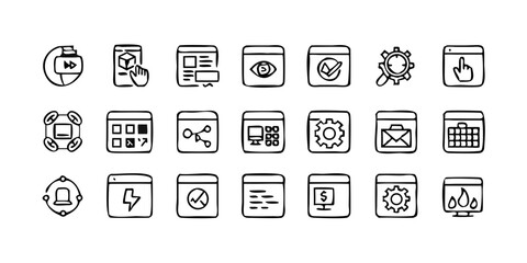  A line-style set of digital marketing web icons. Social media, networking, feedback, communication, marketing, and e-commerce. Vector illustrations.