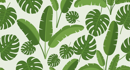 Vector Pattern of Tropical Monstera and Banana Leaf Elements in Modern Organic Style with Green Shades