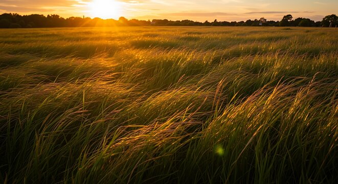 Golden Hour Grassland: Serene Sunset Landscape, Windswept Tallgrass Prairie, Warm Light