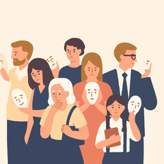 Group of people holding masks while expressing various emotions  