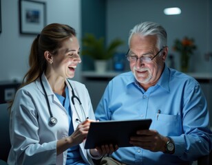 Patient care and digital technology Happy laughing young woman doctor old age retired man patient having fun looking on tablet computer screen excited with good examination results health improvement