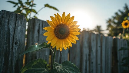 Detailed view of a radiant yellow sunflower flourishing near a wooden fence