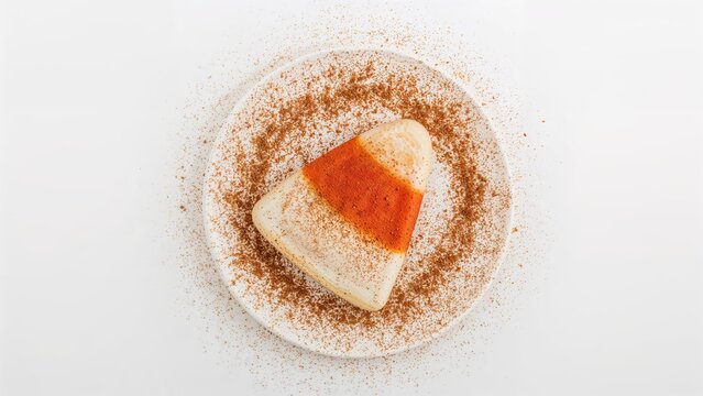 Plate of candy corn covered in cinnamon spice on a plain white surface