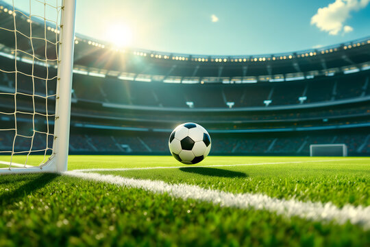 Soccer Ball Ready to Kick on the Field in Stadium Sun Bright Day