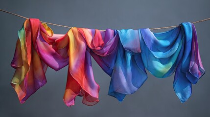 Colorful silk scarves hanging on a rope