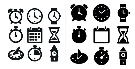 Timekeeping solid icons set – clocks, watches, hourglass symbols for punctuality