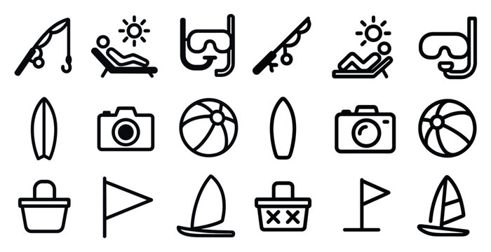 Beach and leisure icons set – line, outline, vacation and summer symbols
