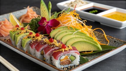 A beautifully arranged sushi platter with avocado slices, fresh fish, garnishes, and dipping sauces in the background.