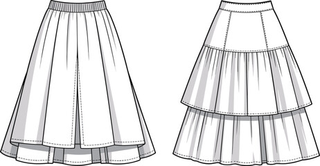 Women’s pleated and tiered skirt fashion sketch front views with layered hem, waistband styles, cad drawing flat vector illustration