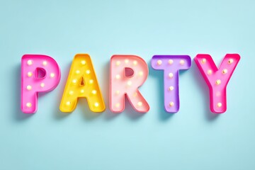 Colorful illuminated letters spelling party on light blue background