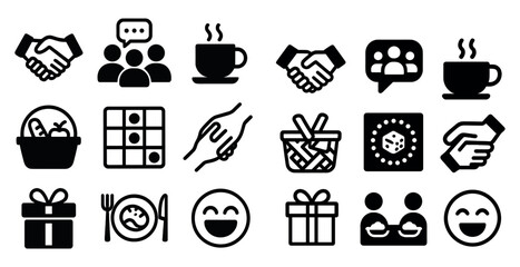 Community and social gatherings icons set – silhouette, flat, engagement and interaction symbols