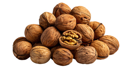 Pile of whole walnuts with one cracked open isolated on transparent background