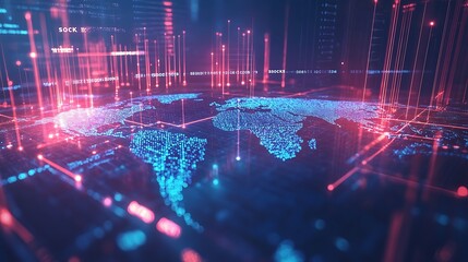 Abstract digital representation of the earth with glowing neon lines and futuristic cityscapes in a vibrant blue and pink color scheme