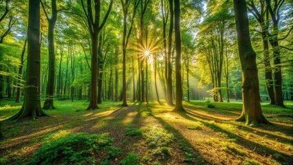 Obraz premium Warm sunlight filters through a leafy green forest canopy