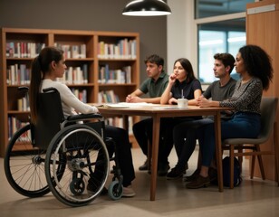 Social inclusion of people with disabilities Teenage girl student wheelchair user lead group discussion seminar express idea to interested diverse multiracial mates on round table meeting at library 
