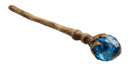 Vintage enchanted wand featuring blue crystal power core and dark wooden handle for fantasy concept art on transparent background