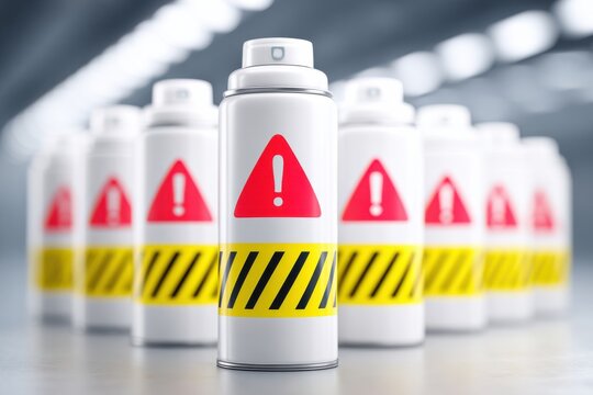 Row of aerosol cans with warning sign highlighting potential danger
