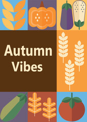 Autumn simple poster set. Autumn flyer set of designs Scandinavian mosaic. Banner autumn elements. Autumn design poster. Vector illustration.	