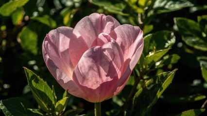 Fototapeta premium Close-up view of pink petals partially shaded against a backdrop of green leaves