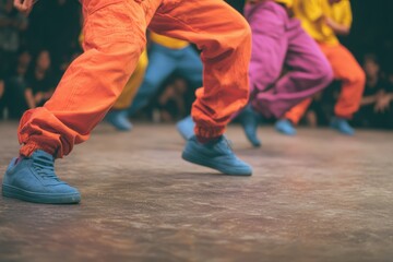 Children practicing a dance routine during a dance class, close-up of the legs