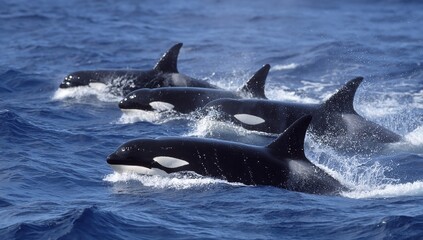 Obraz premium Group of Orcas Swimming in Clear Blue Ocean with Heads Above Water and Visible Fins