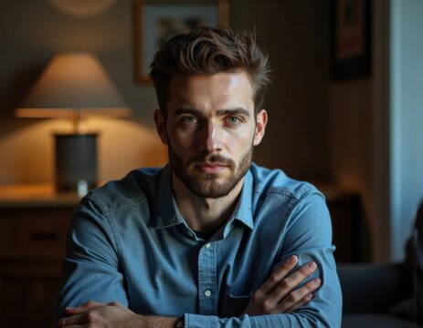 Young businessman Head shot portrait profile picture at social media handsome bearded casual millennial man posing at home or in work office looking at camera feeling serious ambitious self confident - Powered by Adobe