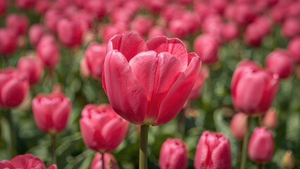 Fototapeta premium Intimate portrait of a lovely pink tulip surrounded by greenery
