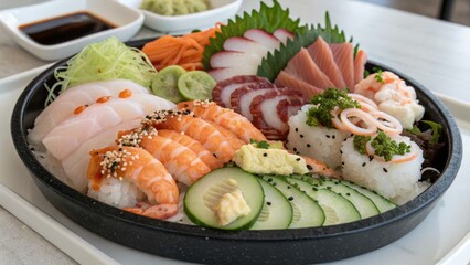 A beautifully arranged sushi platter featuring assorted nigiri, sashimi, cucumber slices, and garnishes with soy sauce and wasabi on the side.