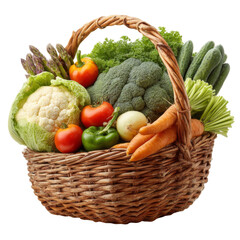 Fresh vegetables in woven basket, including broccoli, cauliflower, tomatoes, and carrots, showcasing vibrant colors and healthy produce