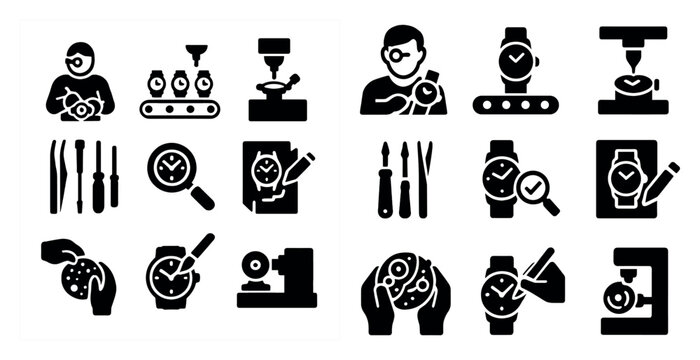 Watchmaking solid icons set – tools, repair, horology elements - Powered by Adobe