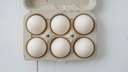 Detailed close-up of uncooked eggs in a carton on a light wooden surface