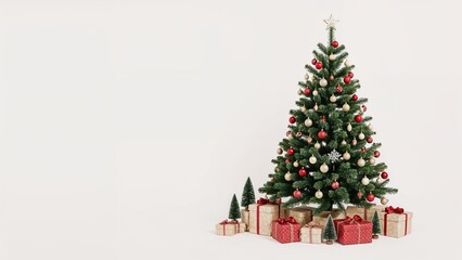 Naklejka premium Festive pine tree surrounded by wrapped gifts and tiny firs against a white surface