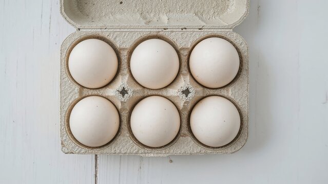 Detailed close-up of uncooked eggs in a carton on a light wooden surface