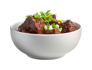 Rendang Daging Sapi, traditional food from Padang, Indonesia. Beef stew with spices, herbs and coconut milk isolated on a transparent background