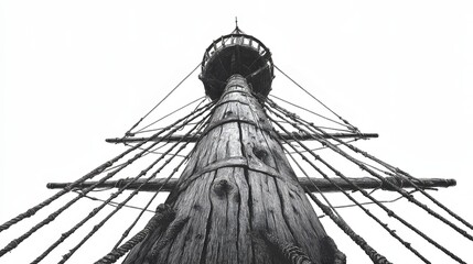 Tall ship mast with rigging and crows nest against a bright sky.