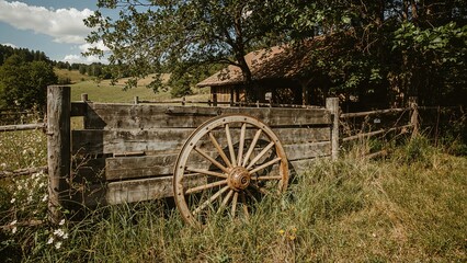 Obraz premium Rustic corral featuring a vintage wooden cart wheel in a rural setting