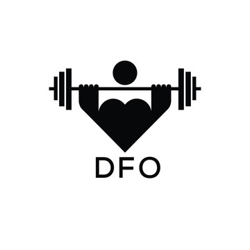 Minimalist DFO Logo with Dumbbell and Strong Arm Silhouette - Fitness Icon Design. DFO Letter Logo.
