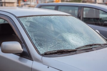 Obraz premium Broken windshield of a passenger car, accidents and acts of vandalism