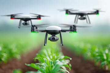 Drones flying over farmland scanning crops for precision agriculture