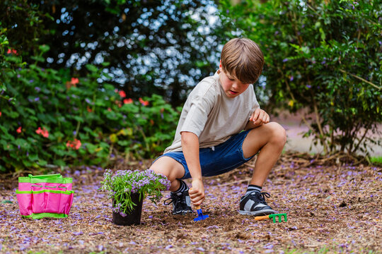 boy digging hole in garden to plant flowers