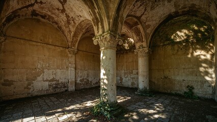 Obraz premium Stone column standing amid the cloister of an ancient abbey in a countryside park