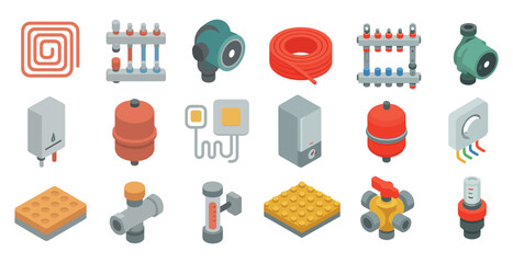 Plumbing and heating 3d icons set – pipes, valves, and equipment graphics
