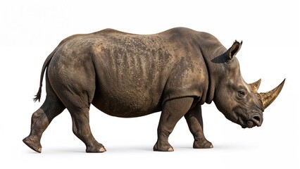 Obraz premium Close-up side perspective of a black rhino in motion with a white background
