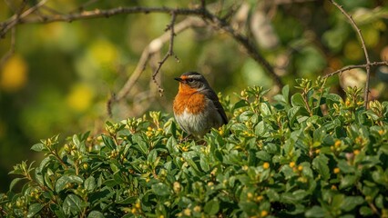 Common redstart bird perched on green bush foliage displaying vibrant orange and gray plumage in natural environment close up shot