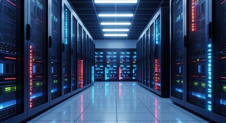 Secure server farm corridor with radiant electronic indicators and reflective flooring.