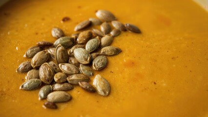 Obraz premium Zoomed-in photograph of pumpkin seeds paired with pumpkin soup