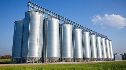 A large array of agricultural grain storage silos stands outdoors