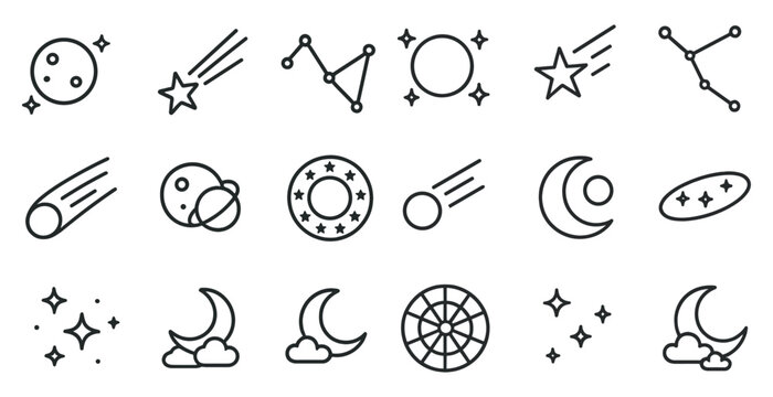 Celestial outline icons set – stars, moon, and constellation symbols for design