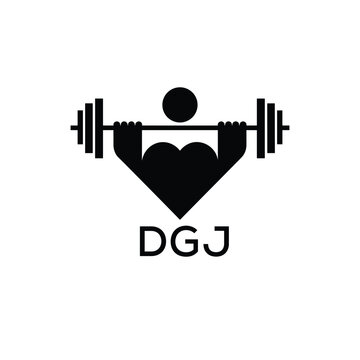 Minimalist DGJ Logo with Dumbbell and Strong Arm Silhouette - Fitness Icon Design. DGJ Letter Logo.
